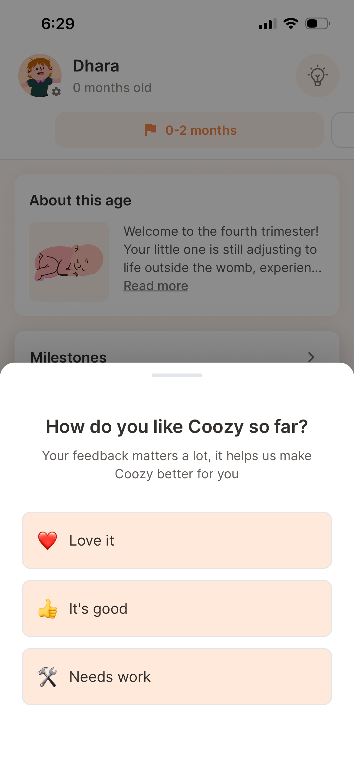 The coozy app on a phone, with a userpulse survey sheet risen over it asking “How do you like Coozy so far?” and offering Love it, It’s good, and Needs work.
